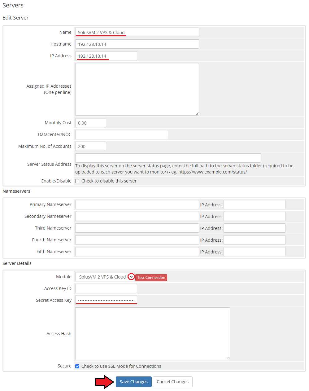 SolusVM 2 VPS And Cloud For WHMCS: WHMCS Edit Server form with name, IP address, module and secret access key fields