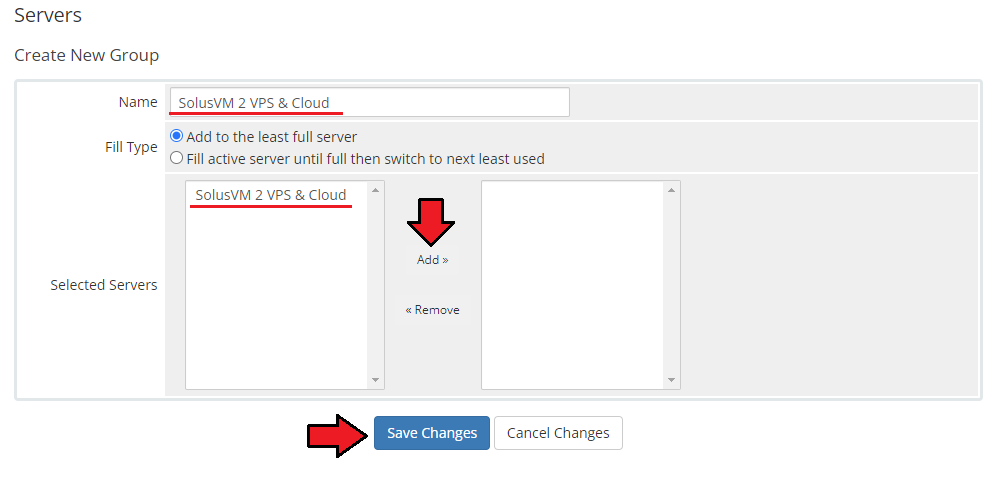 SolusVM 2 VPS And Cloud For WHMCS: WHMCS Create New Group form with name, fill type and selected server being added