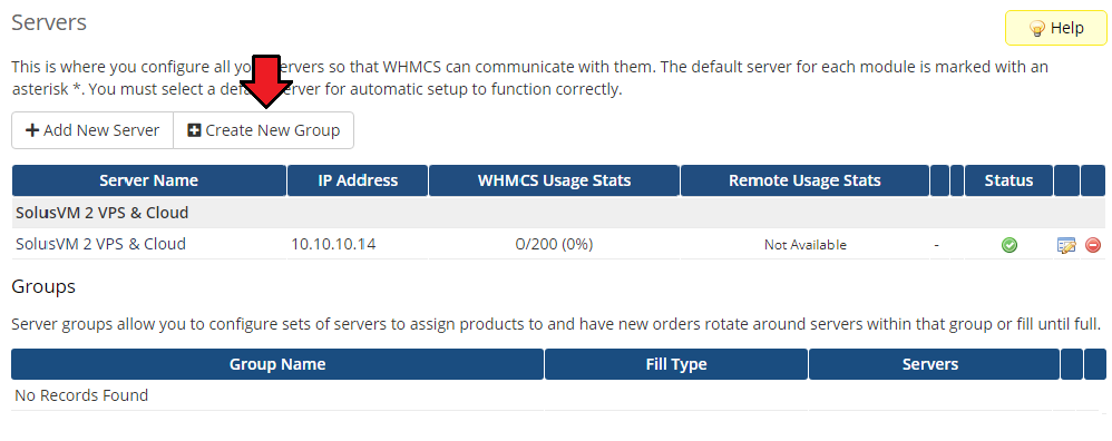 SolusVM 2 VPS And Cloud For WHMCS: WHMCS Servers list with the new server and the Create New Group button