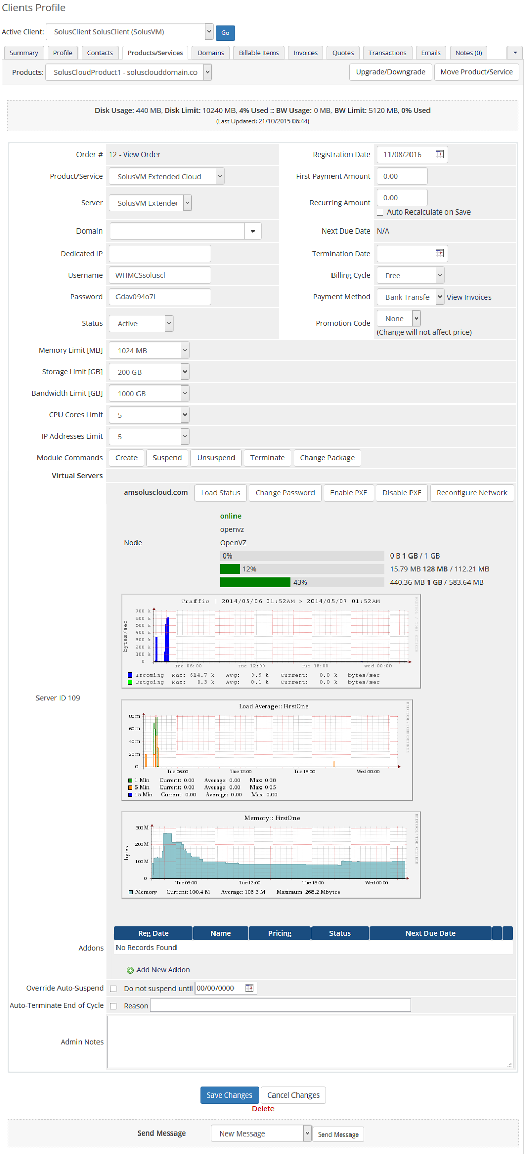 SolusVM Extended Cloud For WHMCS: WHMCS admin area client product with module commands, server status and usage graphs