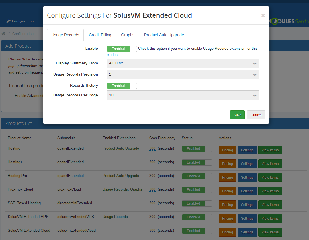 SolusVM Extended Cloud For WHMCS: Advanced Billing For WHMCS settings dialog with the Usage Records extension enabled