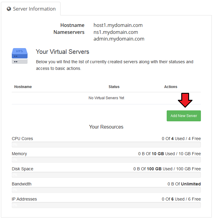 SolusVM Extended Cloud For WHMCS: client area Your Virtual Servers list with no servers and the Add New Server button