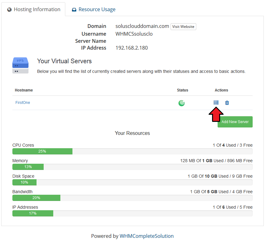 SolusVM Extended Cloud For WHMCS: client area Your Virtual Servers list with the FirstOne server and its manage icon