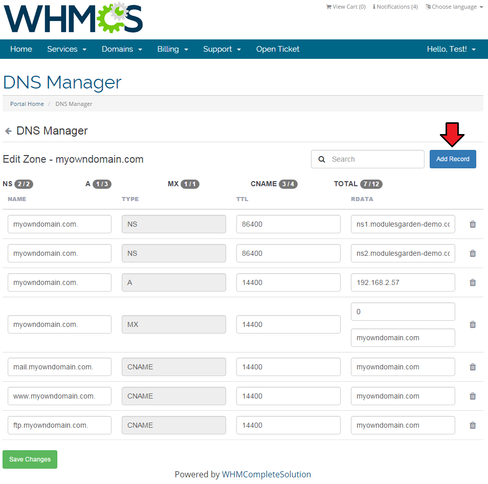 SolusVM Extended Cloud For WHMCS: client area DNS Manager zone editor with DNS records list and the Add Record button