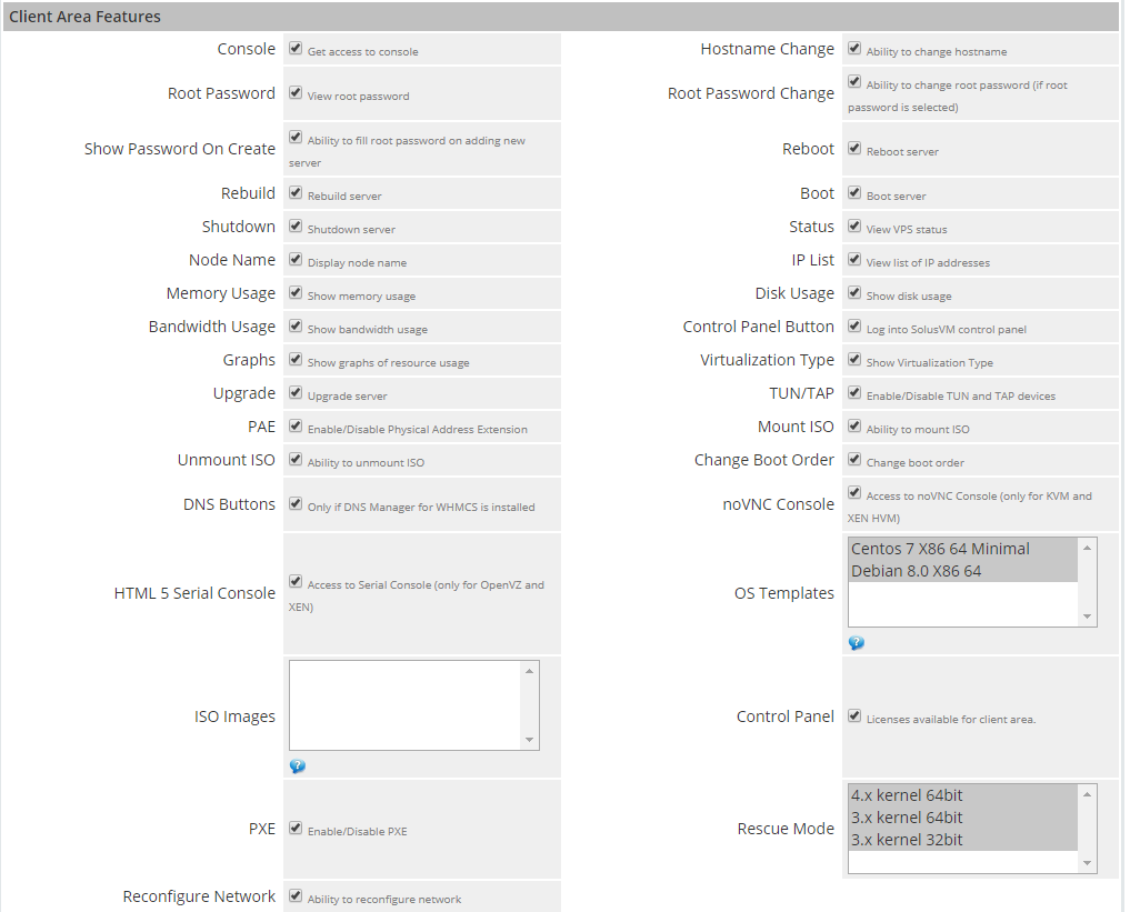 SolusVM Extended Cloud For WHMCS: Client Area Features section with checkboxes for console, reboot, graphs and upgrade