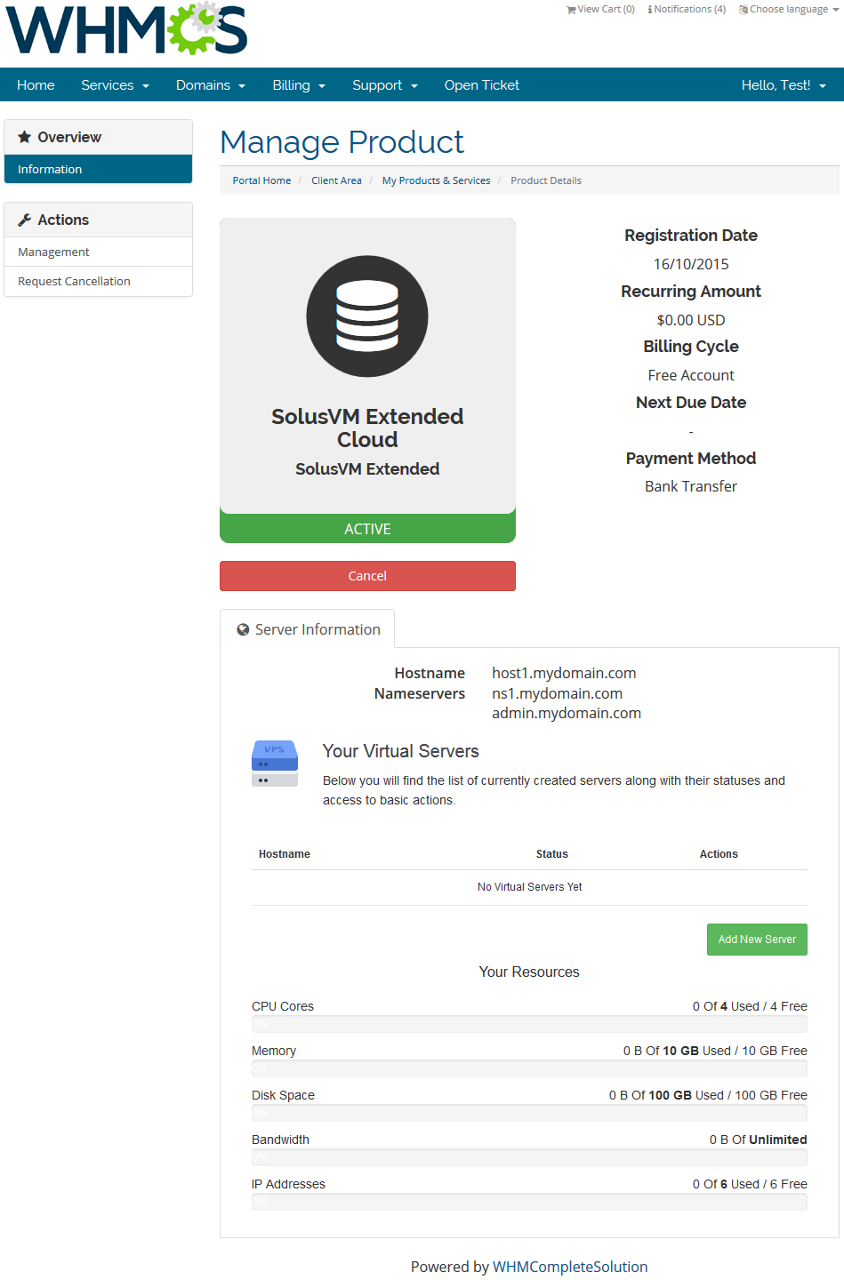 SolusVM Extended Cloud For WHMCS: WHMCS client area product page with an empty server list and resource usage bars
