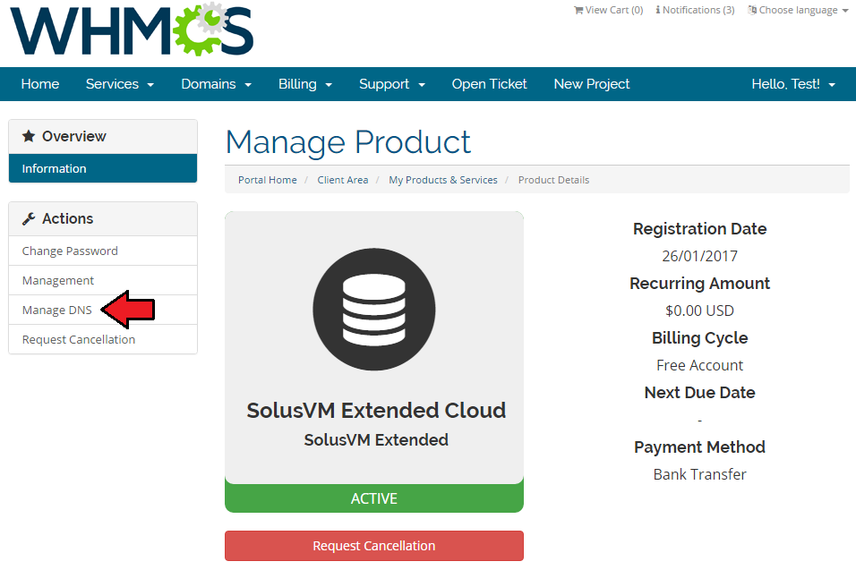 SolusVM Extended Cloud For WHMCS: client area product page with the Manage DNS link in the Actions menu