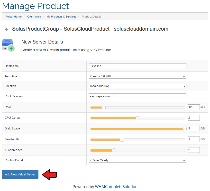 SolusVM Extended Cloud For WHMCS: client area New Server Details form with resource sliders and Add New Virtual Server