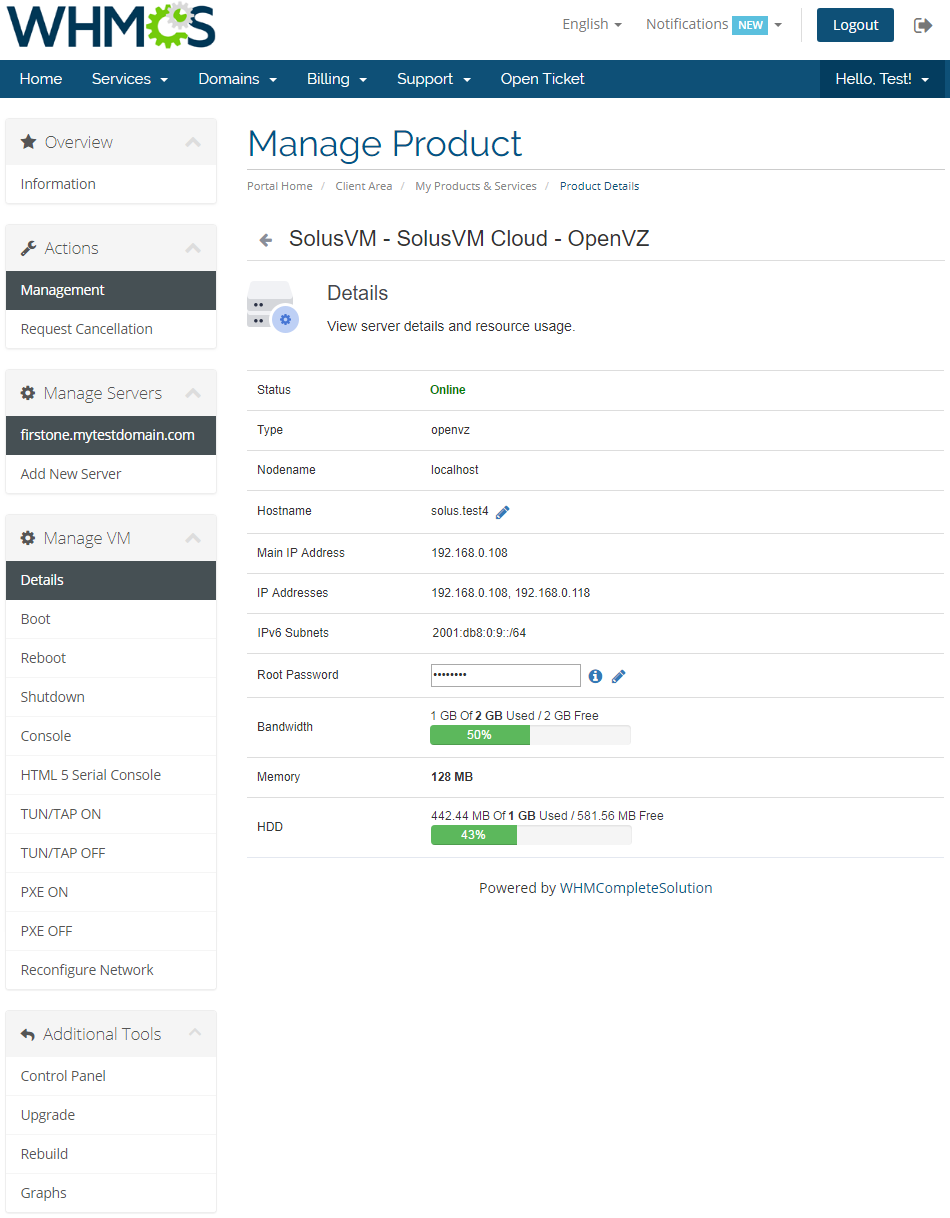 SolusVM Extended Cloud For WHMCS: client area server Details page with status, IP addresses, usage and Manage VM menu