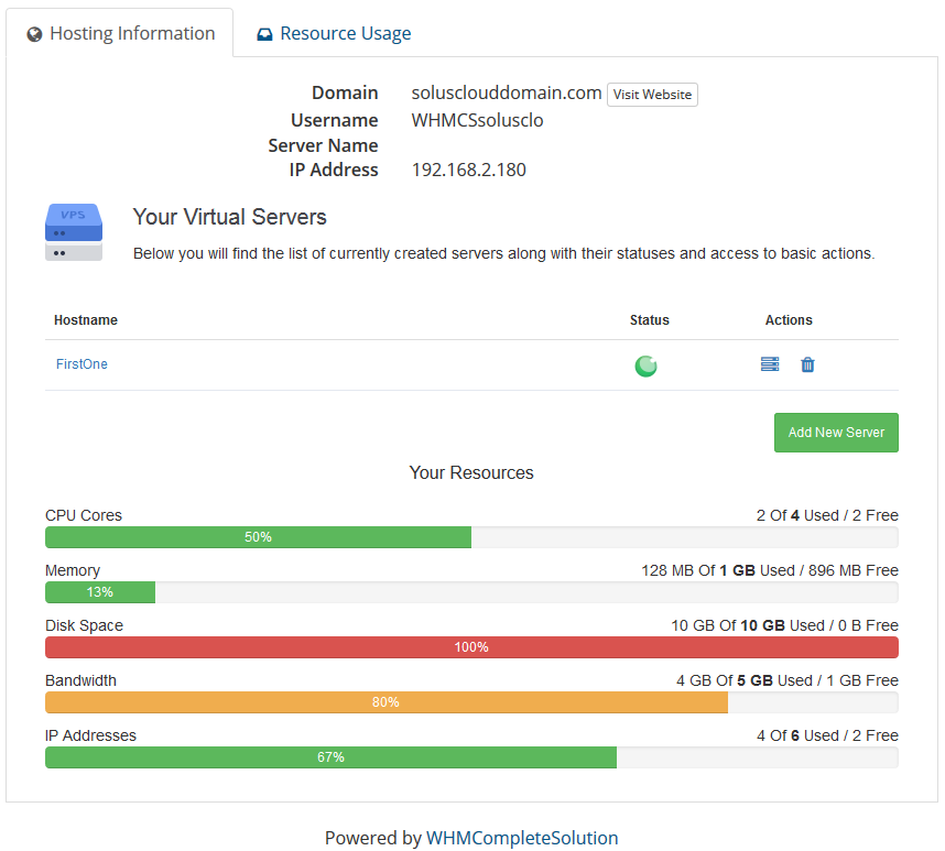 SolusVM Extended Cloud For WHMCS: client area virtual servers list with updated resource usage bars after the server