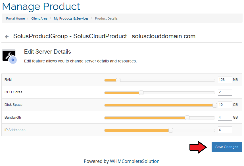 SolusVM Extended Cloud For WHMCS: client area Edit Server Details form with resource sliders and the Save Changes button