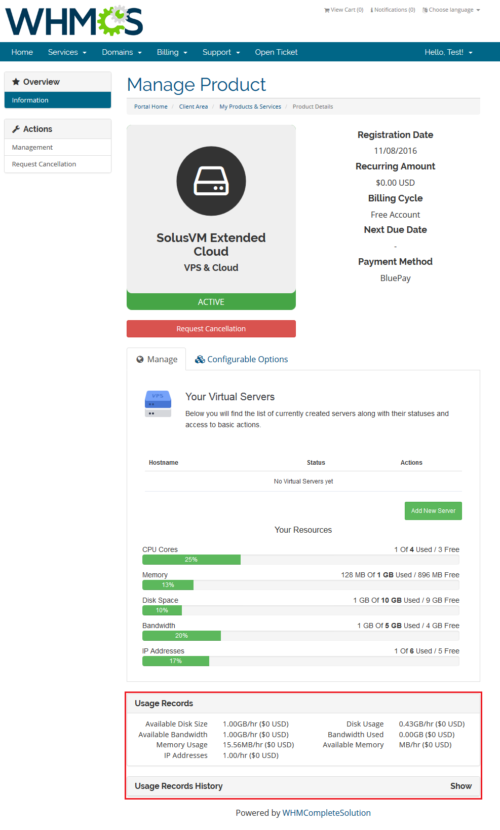 SolusVM Extended Cloud For WHMCS: client area product page with the Usage Records section showing resource usage and