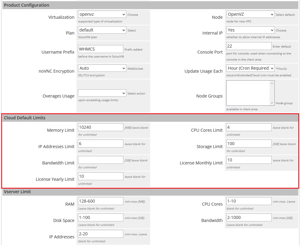 SolusVM Extended Cloud For WHMCS: Cloud Default Limits section with memory, CPU, IP address, storage and bandwidth