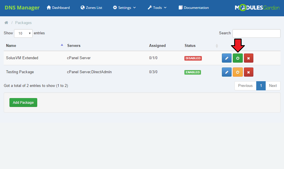 SolusVM Extended Cloud For WHMCS: DNS Manager Packages list with the power button used to enable the SolusVM Extended