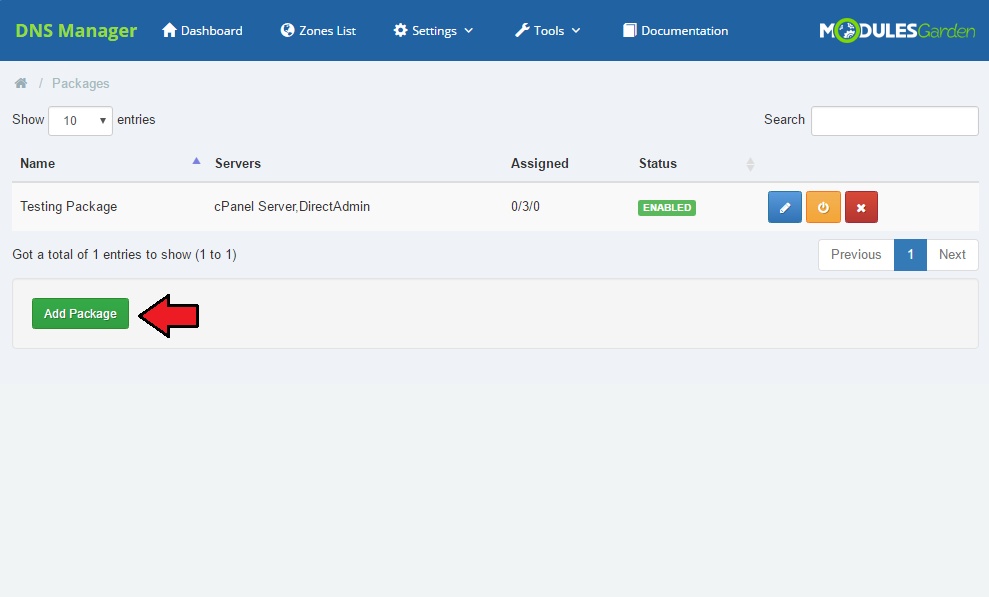 SolusVM Extended Cloud For WHMCS: DNS Manager Packages page with the Add Package button