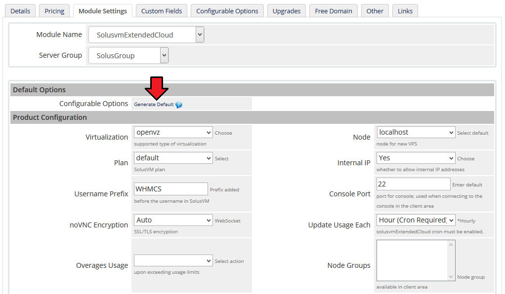 SolusVM Extended Cloud For WHMCS: Generate Default button for configurable options in the product Module Settings