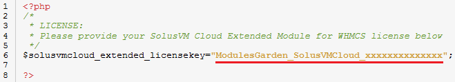 SolusVM Extended Cloud For WHMCS: license.php file open in an editor with the license key entered between quotation