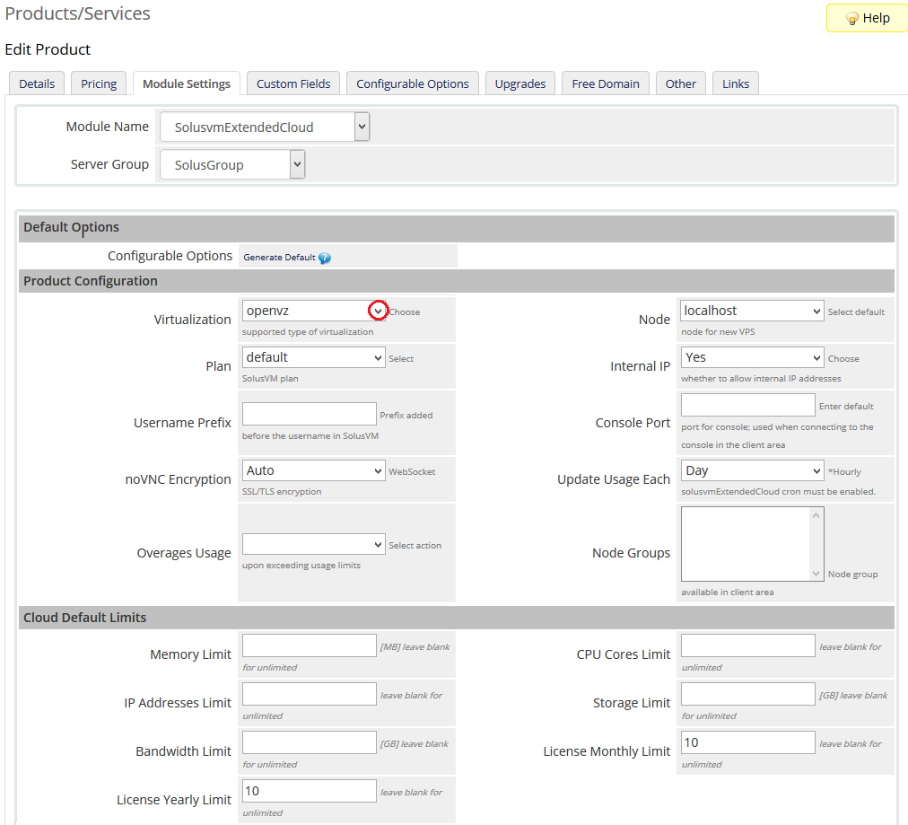 SolusVM Extended Cloud For WHMCS: product Module Settings with the Generate Default button and openvz virtualization