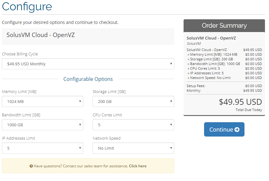 SolusVM Extended Cloud For WHMCS: WHMCS order form Configure page with memory, storage, bandwidth and CPU options