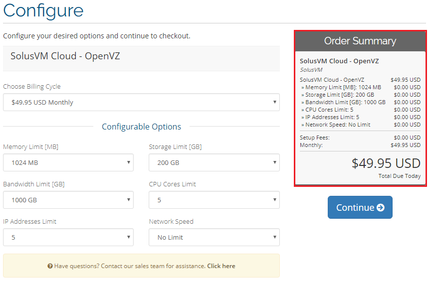 SolusVM Extended Cloud For WHMCS: WHMCS order form Configure page with the Order Summary box highlighted