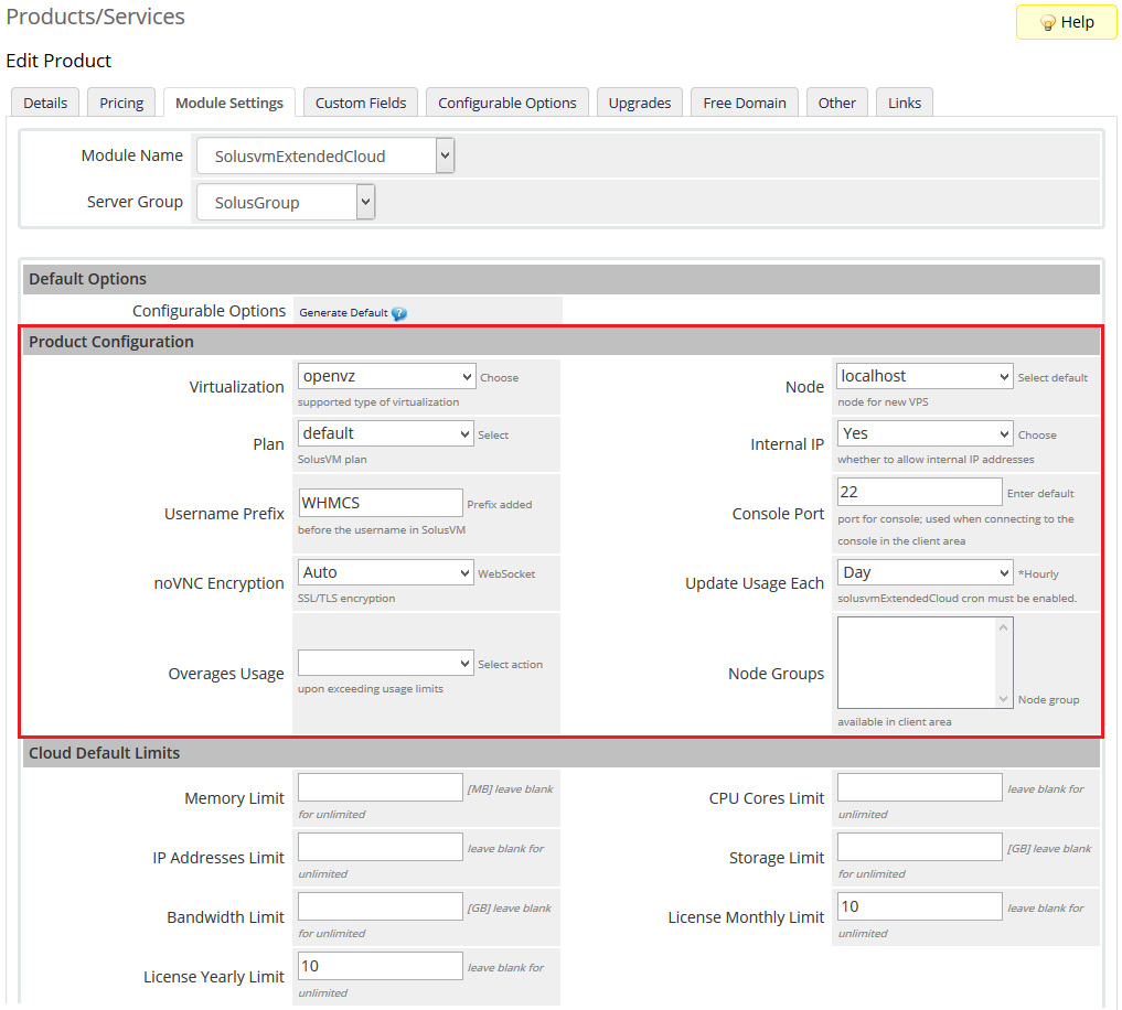 SolusVM Extended Cloud For WHMCS: Product Configuration section with virtualization, node, plan and console port options