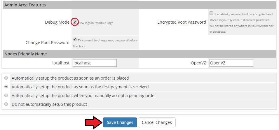 SolusVM Extended Cloud For WHMCS: product Module Settings Admin Area Features with the Debug Mode checkbox ticked