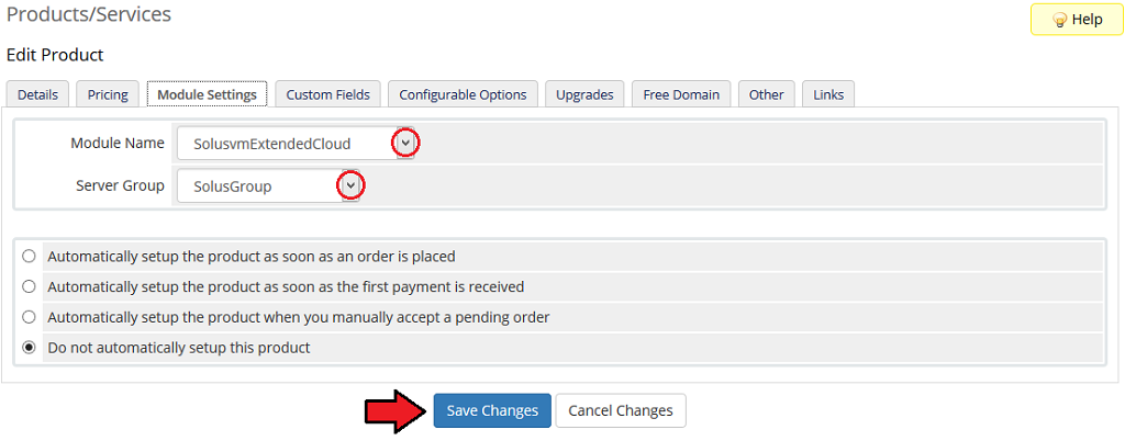 SolusVM Extended Cloud For WHMCS: WHMCS product Module Settings tab with SolusvmExtendedCloud module and server group