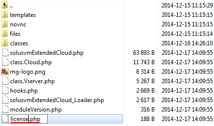 SolusVM Extended Cloud For WHMCS: file manager listing with the licenseRENAME.php file being renamed to license.php
