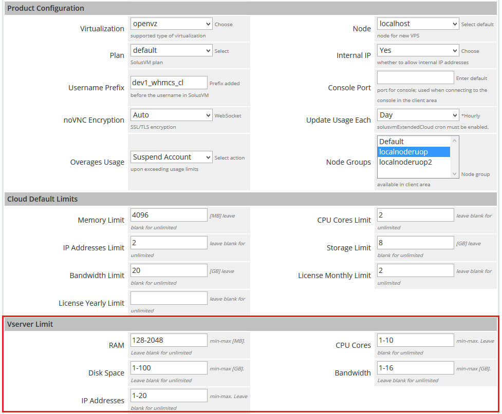 SolusVM Extended Cloud For WHMCS: Vserver Limit section with min-max ranges for RAM, CPU cores, disk space, bandwidth