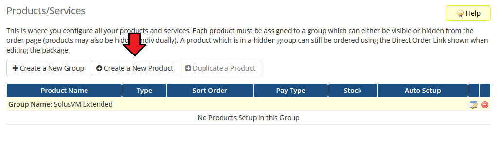 SolusVM Extended Cloud For WHMCS: WHMCS Products/Services page with SolusVM Extended group and Create a New Product