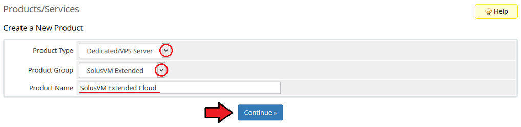 SolusVM Extended Cloud For WHMCS: WHMCS Create a New Product form with product type, product group and name fields