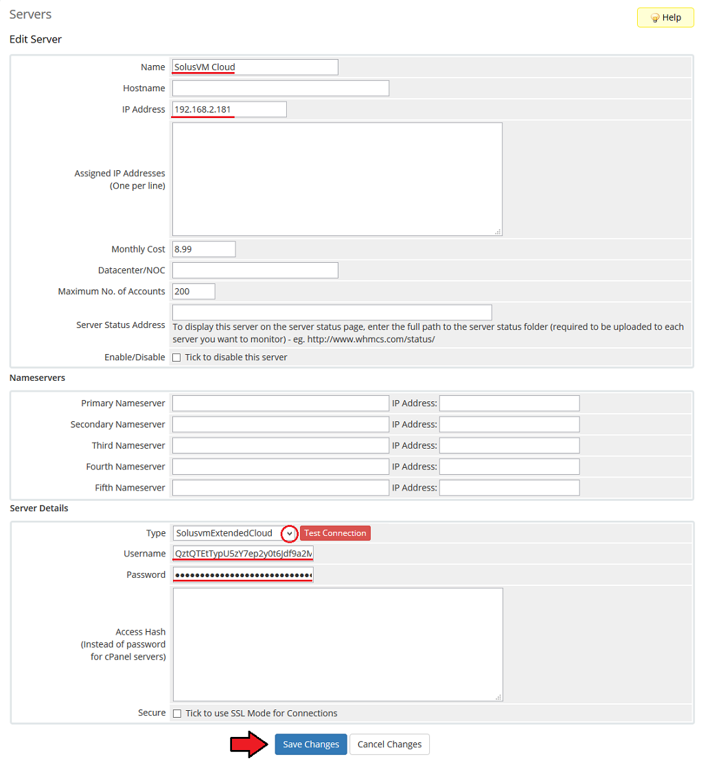 SolusVM Extended Cloud For WHMCS: WHMCS Edit Server form with name, IP, SolusvmExtendedCloud type, username and password
