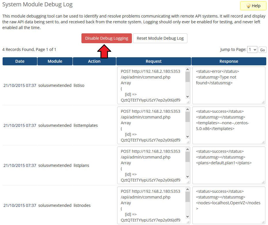 SolusVM Extended Cloud For WHMCS: WHMCS System Module Debug Log with SolusVM API requests and responses