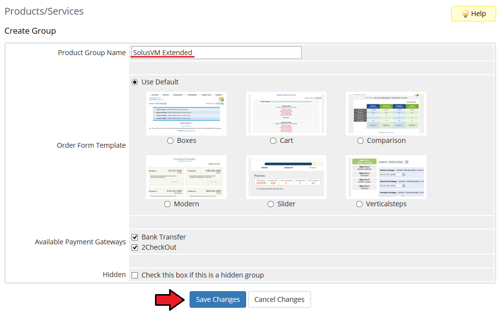 SolusVM Extended Cloud For WHMCS: WHMCS Create Group form with the product group name filled in and Save Changes button