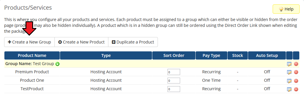 SolusVM Extended Cloud For WHMCS: WHMCS Products/Services page with the Create a New Group button