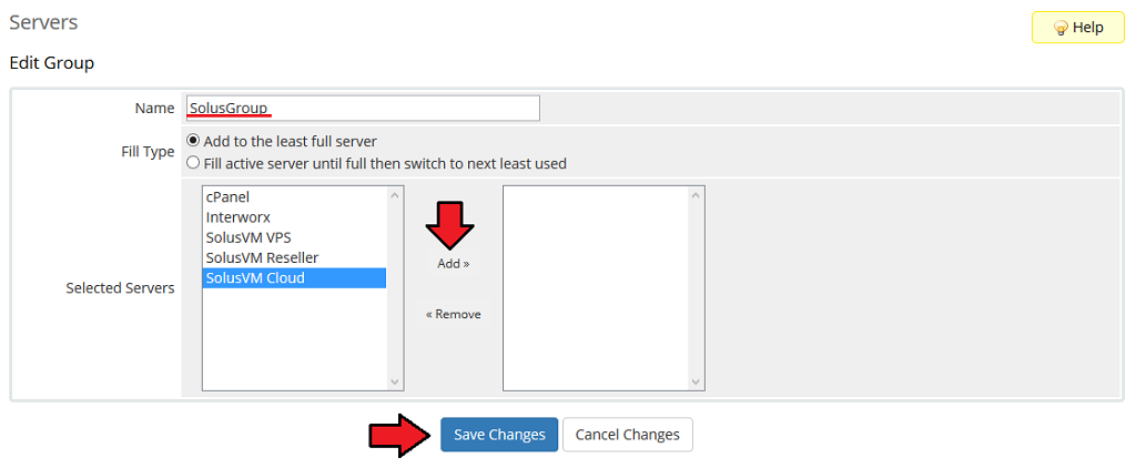 SolusVM Extended Cloud For WHMCS: WHMCS Edit Group form with the group name, selected SolusVM Cloud server and Add