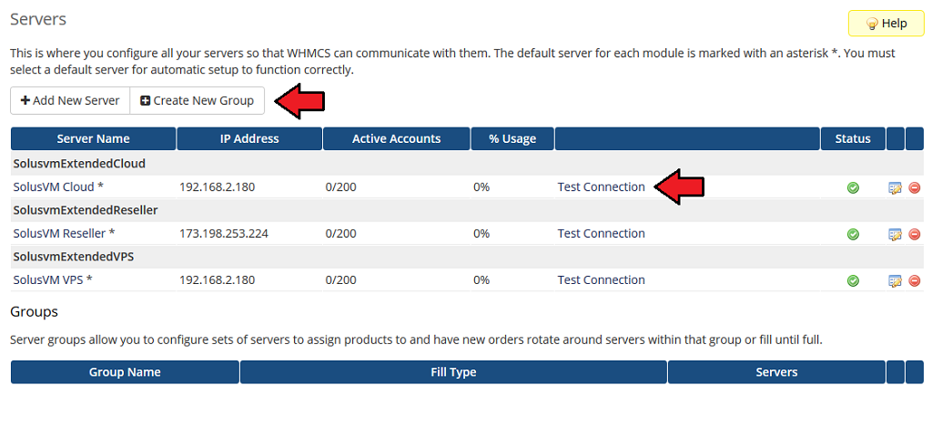 SolusVM Extended Cloud For WHMCS: WHMCS Servers list with Test Connection links and the Create New Group button