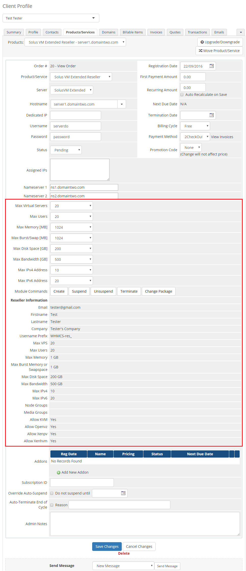 SolusVM Extended Reseller For WHMCS: WHMCS admin area client product page with reseller limits and Reseller Information