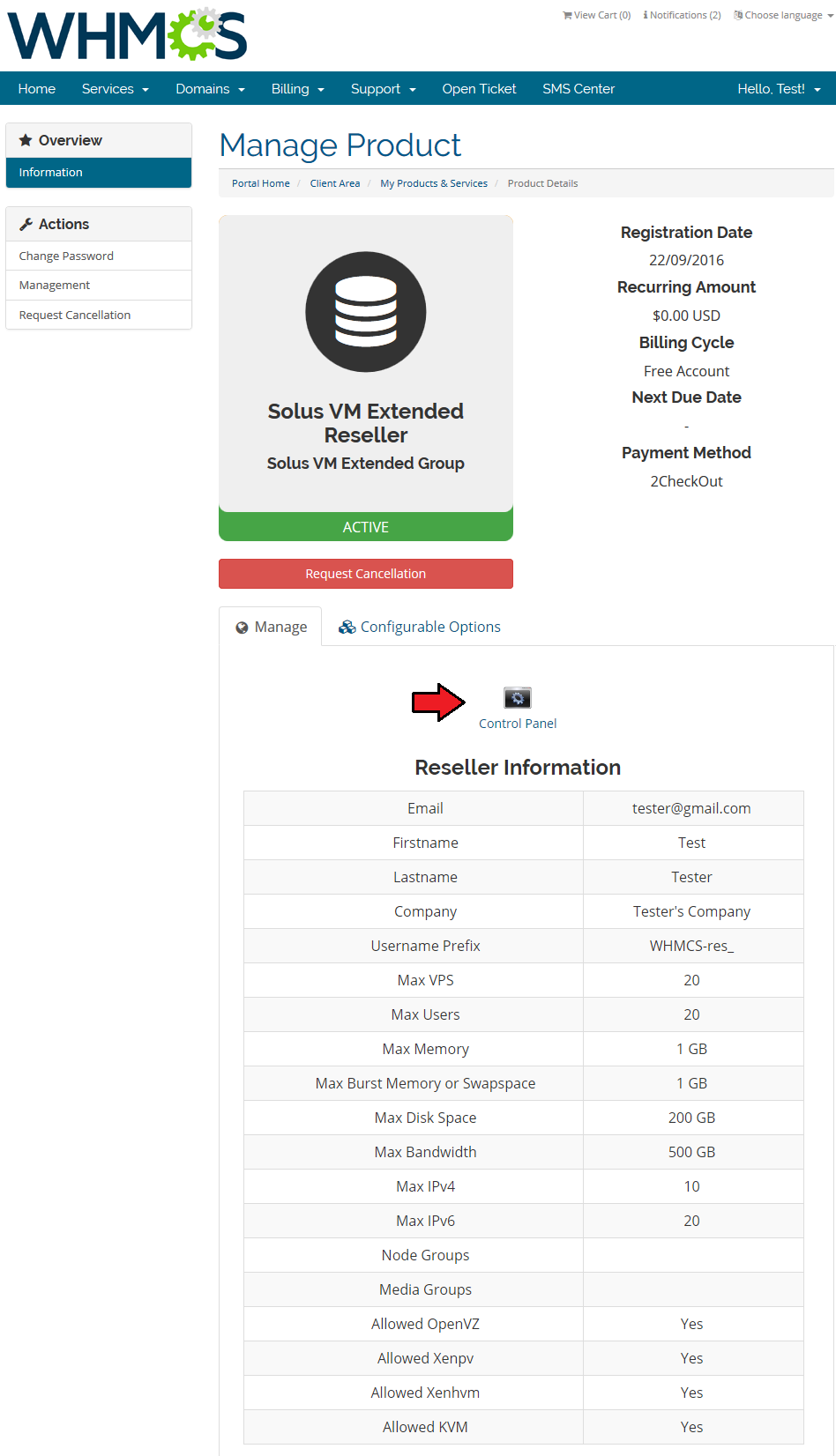 SolusVM Extended Reseller For WHMCS: WHMCS client area product page with an arrow pointing at the Control Panel button