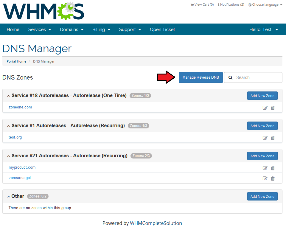 SolusVM Extended Reseller For WHMCS: WHMCS client area DNS Manager page with DNS zones list and Manage Reverse DNS