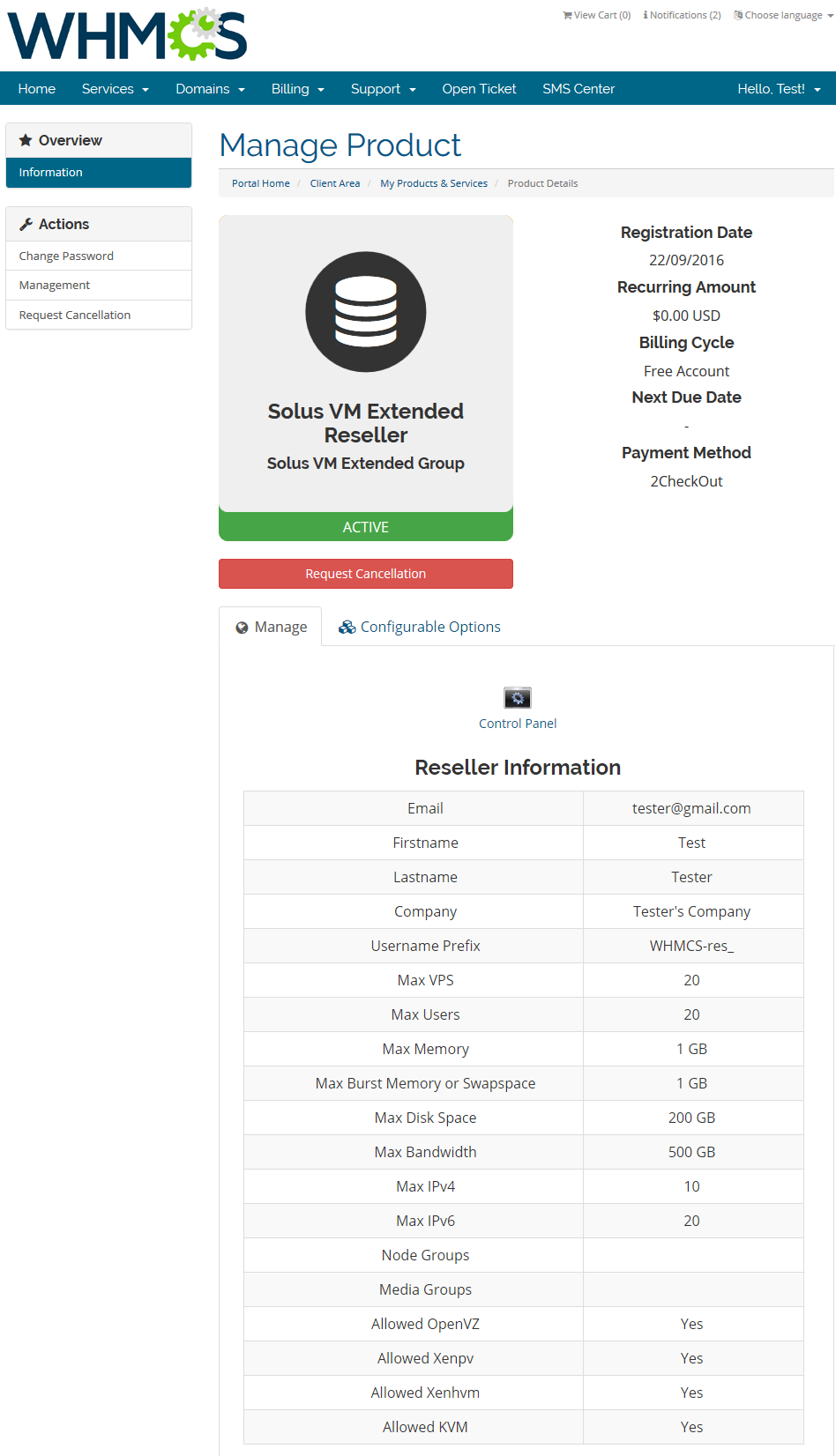 SolusVM Extended Reseller For WHMCS: WHMCS client area product page with Control Panel button and Reseller Information