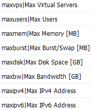 SolusVM Extended Reseller For WHMCS: list of configurable options such as maxvps, maxusers, maxmem, maxdisk and maxbw