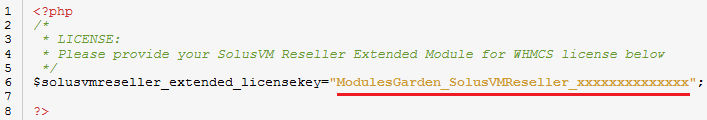 SolusVM Extended Reseller For WHMCS: license.php file with the license key variable edited between quotation marks