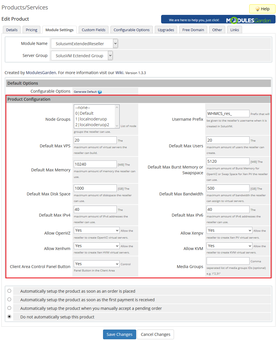 SolusVM Extended Reseller For WHMCS: Module Settings tab with the Product Configuration section for reseller limits