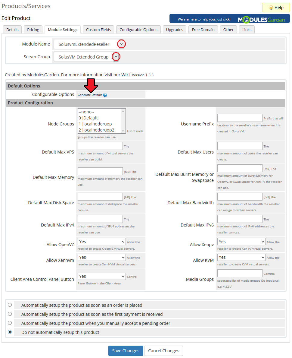SolusVM Extended Reseller For WHMCS: product Module Settings tab with the module name, server group and Generate