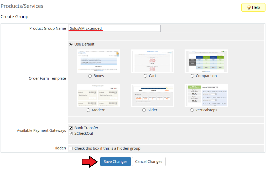 SolusVM Extended Reseller For WHMCS: WHMCS Create Group form with product group name, order form template and Save