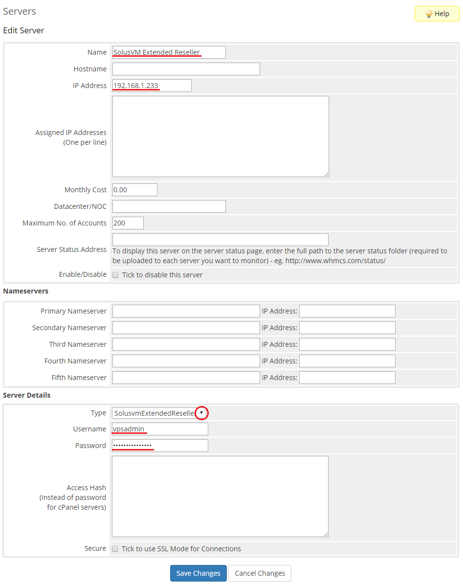 SolusVM Extended Reseller For WHMCS: WHMCS Edit Server form with name, IP address, module type, username and password