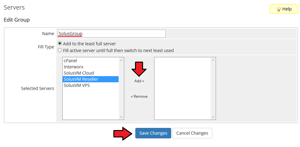 SolusVM Extended Reseller For WHMCS: WHMCS Edit Group form with group name, fill type and the selected server