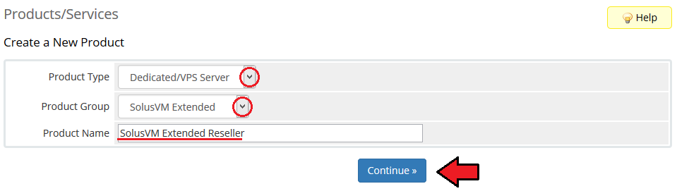 SolusVM Extended Reseller For WHMCS: WHMCS Create a New Product form with Dedicated/VPS Server type, group and product