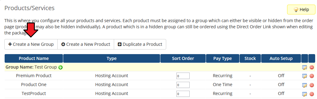 SolusVM Extended Reseller For WHMCS: WHMCS Products/Services page with the Create a New Group button